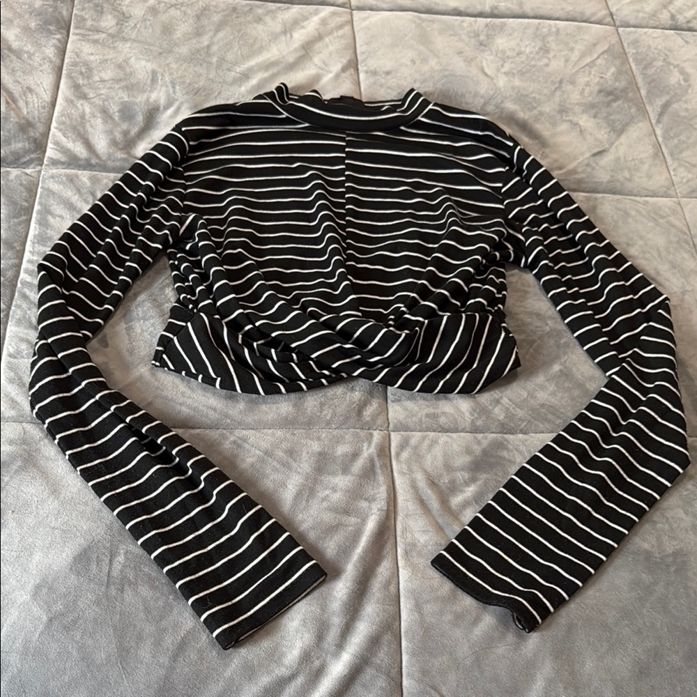 Topshop Black and White Striped Long Sleeve Crop Top